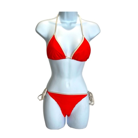 Surf Style Bikini Set Neon Orange Pink Ties at Sides, Neckline and Back … - Picture 1 of 7